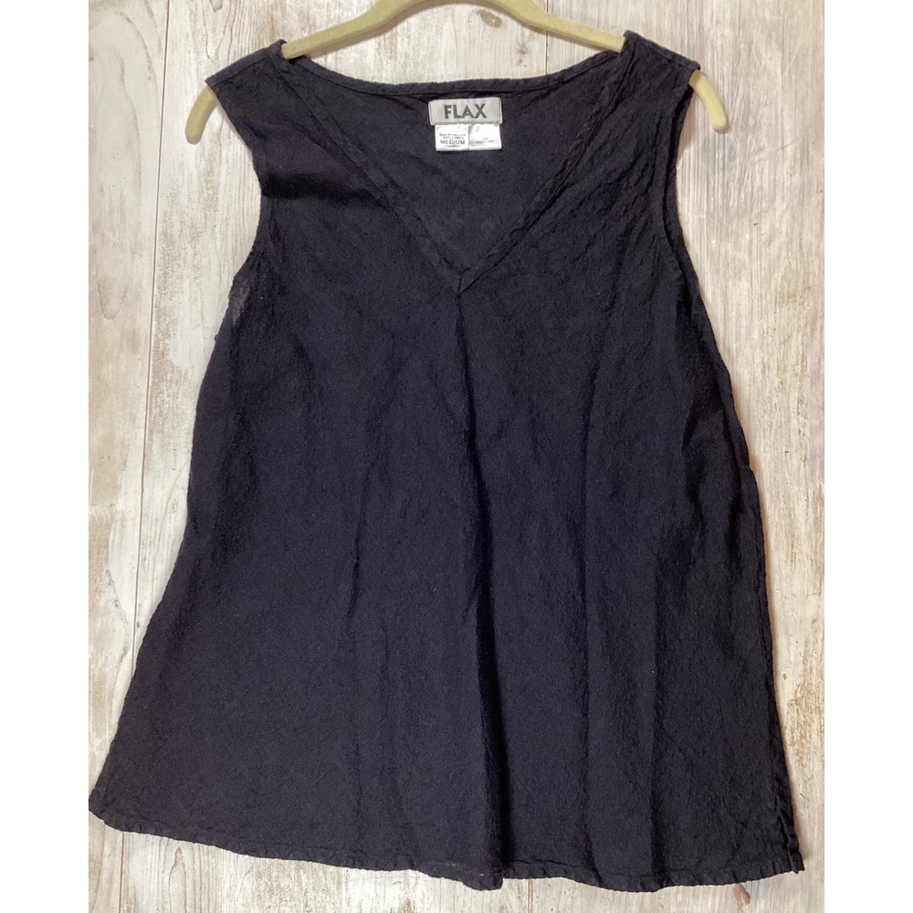 FLAX Womens Black Linen V-Neck Sleeveless Tank Top Medium Lagenlook Minimalist